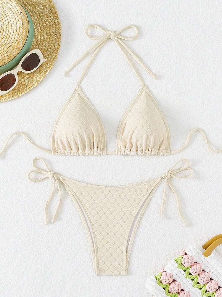 Summer Women's Triangle Bikini Set Solid With Polka Dot Fabric & Shoulder Straps Music Festival