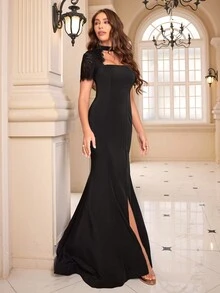 Women's Lace Patchwork High Slit Hollow Out Evening Party Dress - Black - View 3