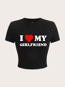 SHEIN EZwear Khẩu hiệu ngày lễ tình nhân Áo thun nữ ôm vừa vặn màu đen Tôi yêu bạn gái tôi - màu đen - Xem 1