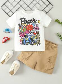 嬰兒男孩街風款字母有趣印花短袖t恤和短褲套裝,適用於春夏季 - 白色 - 查看 1