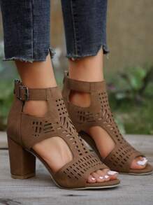 Women's Thick Heel Hollow-Out Open Toe Fashionable Platform 8cm High Heel Sandals, Suitable For Office, Party, Travel, Holiday, All Seasons, Brown