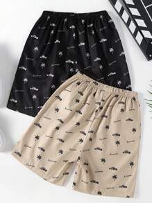 SHEIN 2pcs/Set Tween Boys' Elastic Waistband Tropical Plant & Letter Print Casual Shorts For Summer - Khaki - View 2