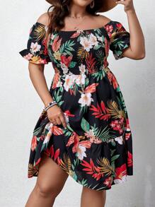 SHEIN Clasi Women's Plus Size Floral Printed Off-Shoulder Cable Knit Sweater Dress Vacation Beach Outfit - Black - View 4