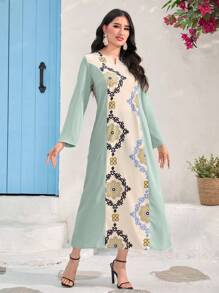 Al Najma Notch Neck Long Sleeve Dress - Green - View 5