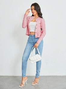 SHEIN Clasi 幾何圖案前紐扣開襟衫 - 粉色 - 查看 7