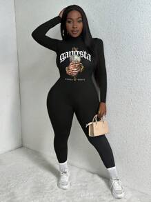 Slaydiva Women's  The Gangsta Letter Printed Unitards Jumpsuit The GangstaPOWER & M Fall Clothes - Black - View 5