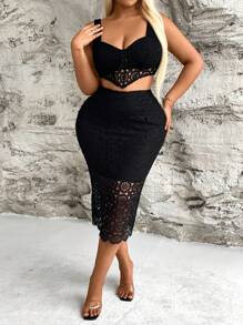 Allurite Bộ áo ba lỗ ren viền bất đối xứng và chân váy bó sát hai mảnh dành cho nữ cỡ lớn - màu đen - Xem 3