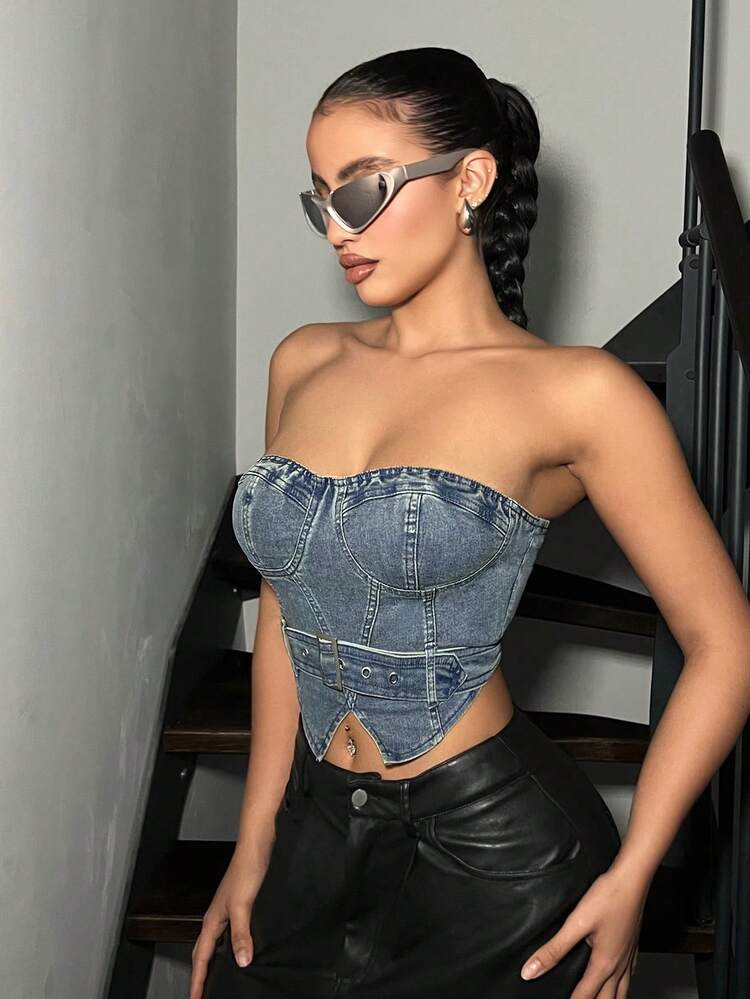 Women Asymmetrical Hem Strapless Denim Top