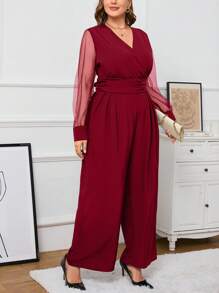 SHEIN Privé 大尺碼女款透視長袖褶皺高腰連身褲 - 酒紅色 - 查看 4