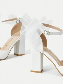 CUCCOO HITCHD 時尚白色pu皮方頭厚跟鞋,女性蝴蝶結高跟鞋