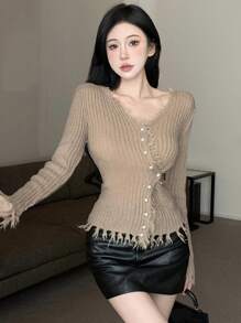 DAZY 女士时尚珍珠纽扣装饰流苏边开衫，秋季服装 - 卡其色 - 查看 8