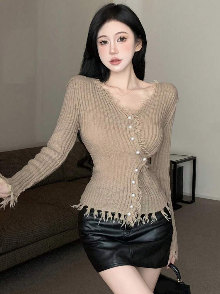 Women'S Fashionable Pearl Button Decorated Cardigan With Fringe Trim,Fall Clothes