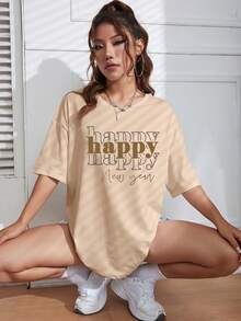 SHEIN EZwear Ladies' Chinese New Year Slogan Print T-Shirt - Apricot - View 4