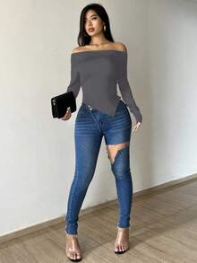 SHEIN Essnce Women's Solid Color Asymmetric Hem Off Shoulder Top - Grey - View 3