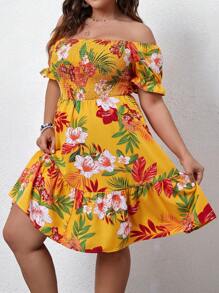 Sunnyshic 大码女式波西米亚风植物印花露肩连衣裙，适合夏季 - 黃色 - 查看 4