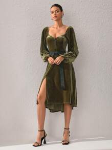 Brittney Do 设计师女士天鹅绒甜心领灯笼袖连衣裙，优雅连衣裙，秋季新年夜服装，适合秋冬季、节日、派对 - 綠色 - 查看 3