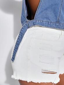 SHEIN SXY Chaleco De Mezclilla De Talla Grande Para Mujer Con Cuello De Solapa - Azul lavado medio - Ver 5