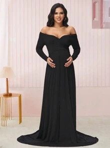 Maternity Open Shoulder V-Neck Long Sleeve Floor-Length Dress For Photography - Black - View 7