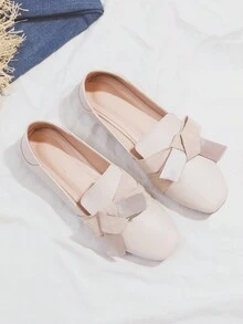 Women's Flat Shoes, Beige Color, Large Size, 2024 Spring And Autumn New Arrival. Low Vamp, Elegant, With Bow Knot Decoration. It's Suitable For Fairy Style, French Style And Slip-On Mary Jane Shoes. - Apricot - View 1