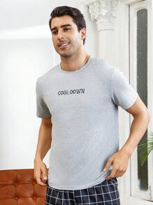 Men'S Letter Printed Short Sleeve Home Wear Top - Grey - View 7