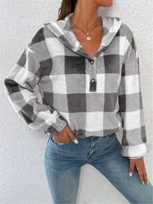 Buttoned Half-Placket Gingham Flannel Hoodie - Grey - View 5