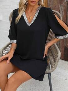 SHEIN LUNE Kim sa Vá lại Cổ chữ V Đầm - màu đen - Xem 5