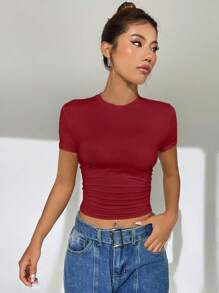 SHEIN EZwear 女士圓領短袖t恤 - 紅色 - 查看 5