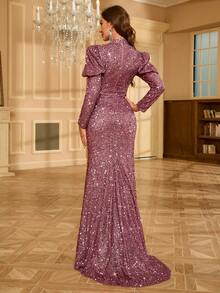 Women's Glamorous Gigot Sleeve Hollow-Out Sequin Mermaid Dress - Dusty Pink - View 2