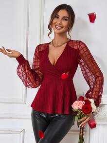 SHEIN Clasi 格紋網紗燈籠袖肋編針織上衣 - 酒紅色 - 查看 6