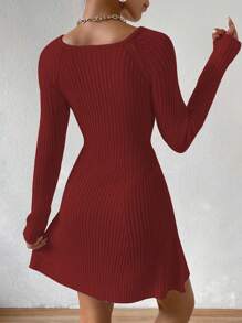 SHEIN Unity Solid Color Ribbed Knit Sweater Dress - Burgundy - View 2
