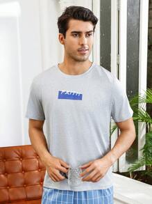 Men'S Short Sleeve Home Service Letter Print Top - Grey - View 7
