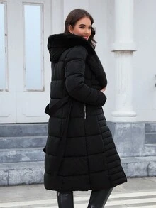 Risissida Women's Long Winter Coat With Belted Waist, Fur Collar, And Hood - Elegant And Practical Commuter Jacket - Black - View 2