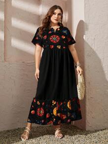 Al Najma Plus Size Random Print Short Sleeve Dress Maxi Women Outfit - Black - View 3