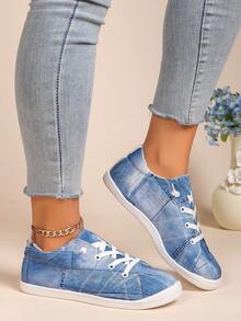 女士新款休閒輕便舒適的圓頭系帶平底運動鞋 - 藍色 - 查看 2