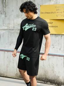 Manfinity Fitness Men's Letter Print Sports Suit, Athletic Suit, Tracksuit Workout Set Gym Set Workout Set - Black - View 1