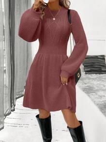 SHEIN Clasi 女士圆领针织灯笼袖毛衣连衣裙 - 鏽棕色 - 查看 5