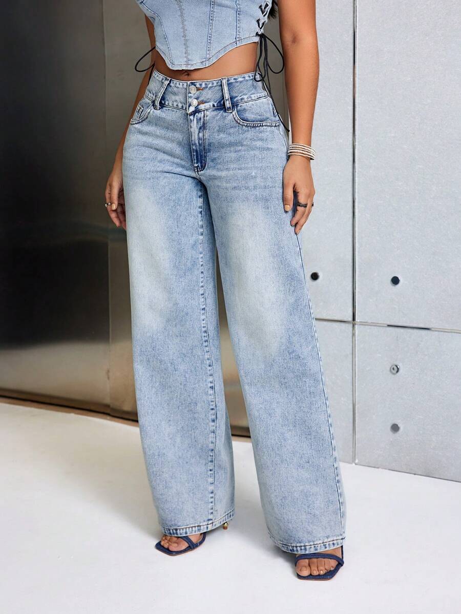 SHEIN SXY 寬腿牛仔褲 - 藍色 - 查看 1