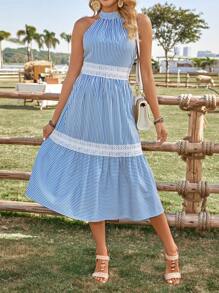 SHEIN Frenchy 條紋拼布蕾絲掛脖洋裝