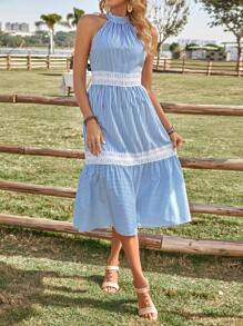 SHEIN Frenchy 條紋拼布蕾絲掛脖洋裝