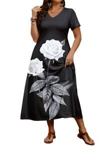 女士短袖V領修身大花印花加大碼裙 - 黑色 - 查看 4