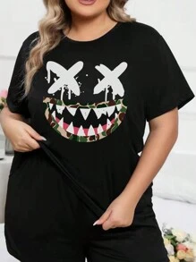 INAWLY 大尺碼卡通印花短袖t恤 - 黑色 - 查看 1