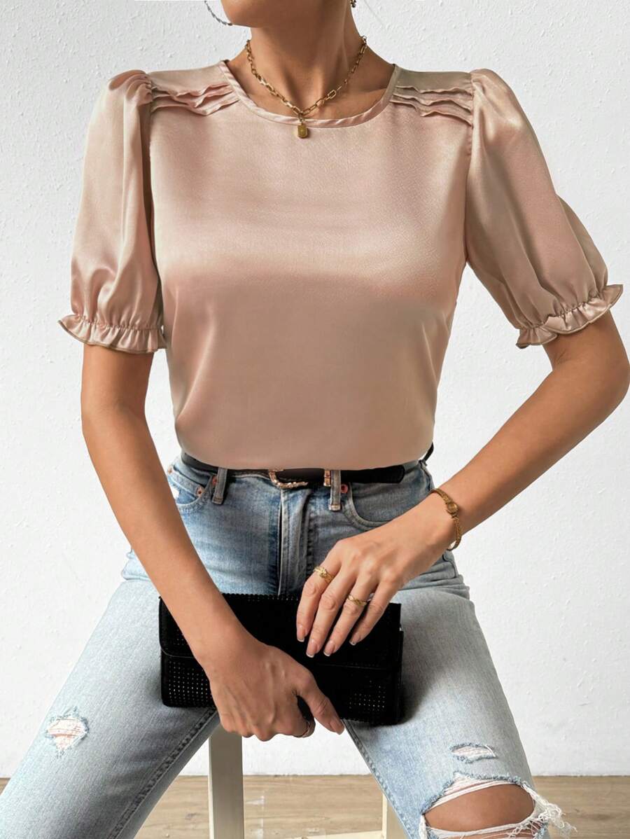 Chiquease 圓領荷葉邊袖口襯衫 - 杏色 - 查看 1