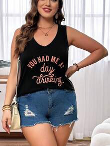 SHEIN LUNE 夏季女裝加大尺碼背心，印有口號印花 - 黑色 - 查看 6