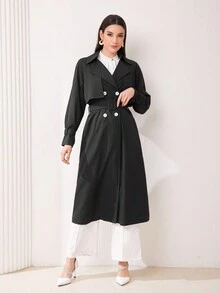 Modelyn Women's Solid Color Double Breasted Belted Trench Coat - Black - View 6