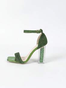 时尚高跟凉鞋，采用绿色闪亮丝绸面料，绑带和金色方形扣设计，金属绿色压花面料，方头，透明水晶鞋跟和方形鞋跟，清新简约风格女鞋 - 綠色 - 查看 7
