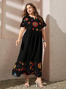 Al Najma Plus Size Random Print Short Sleeve Dress Maxi Women Outfit - Black - View 4