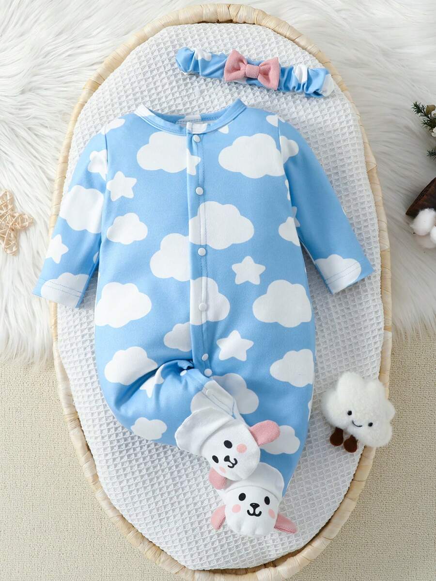 SHEIN 嬰兒女童雲朵卡通紋足部連體睡衣 - 白色 - 查看 1