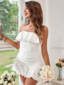 SHEIN VCAY Summer Beach Vacation/Romantic Date Strapless Dress With Ruffles For Women - White - View 3