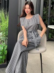 DAZY Bộ đồ liền thân kẻ sọc thắt lưng cho nữ, quần yếm xếp nếp cho nữ - Đen và trắng - Xem 5