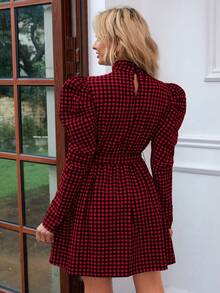 SHEIN Privé Women's Plaid Leg-Of-Mutton Sleeve With Waist Belt Dress - Red - View 2